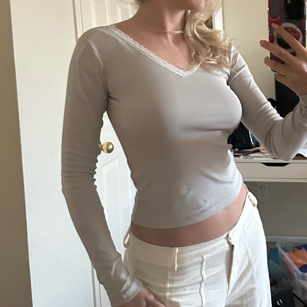 GREY LACE TRIM COTTON LONG SLEEVE